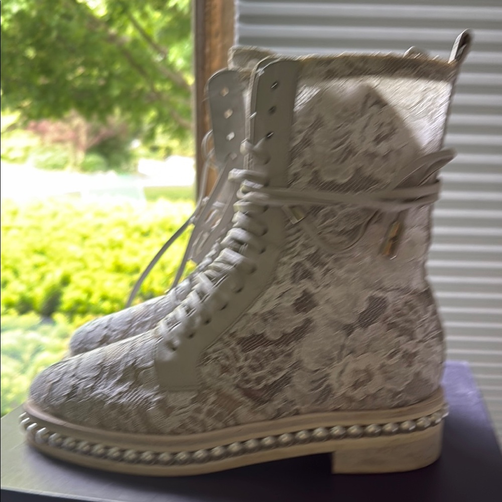 Lace-Up Floral Brocade Women’s Boots in Ivory